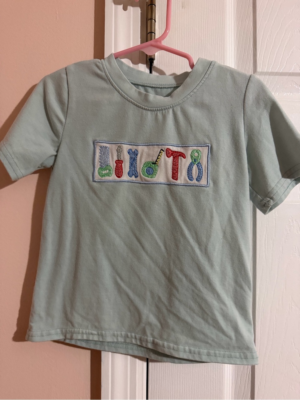 Hanna Andersson Light Mint Green Short Sleeve Tee with Embroidered Tools